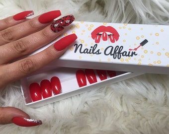 Red Matte Press On Nails-Long Coffin  Leopard Print Nail Art/Square/Stiletto/Almond/Gel Reusable Set of 20 Nails All Sizes