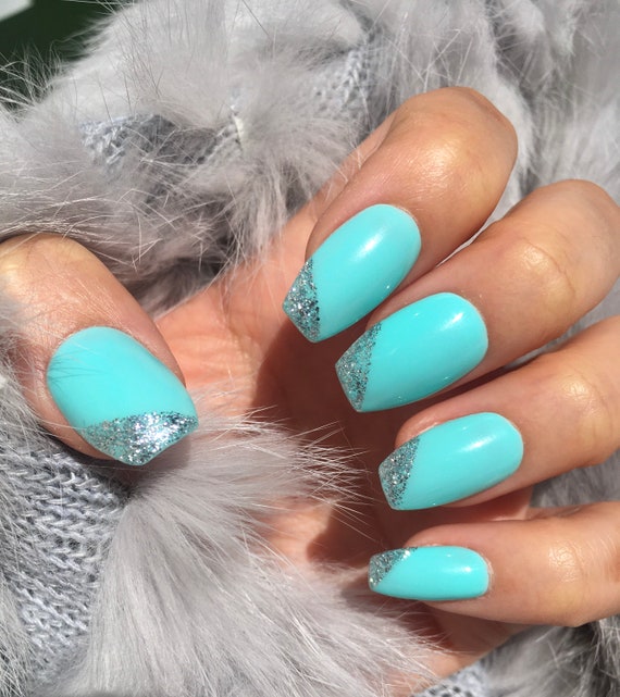 Blue Press On Nails Aqua Glitter Press On Nails Short Coffin Etsy Blue Press On Nails Aqua Glitter Press On Nails Short Coffin Etsy