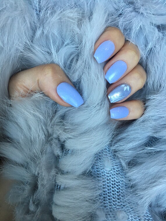 Light Blue Press on Nails Short Coffin Nails reusable Gel Nails