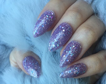 Holographic Press On Nails- Stiletto, Purple Glitter Press Ons Nails/Almond/Square/Coffin/Reusable Set of 20 Nails All Sizes