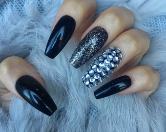 Black Winter Bling luxury Press On Nails-  Any Nail shape of length/Reusable set of 20 glue on nails