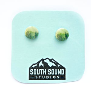 Green Trees in Misty Forest Stud Earrings