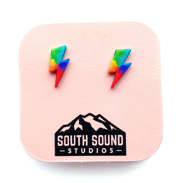 Rainbow Lightning Bolt Stud Earrings