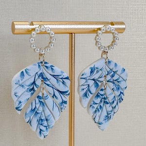 Handmade Polymer Clay Floral Earrings, Summer Earrings, Statement Earrings, Blue Flower Earrings, Gold & Pearl Earrings, Clay Jewelry