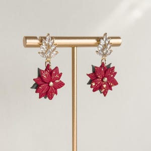 Handmade Christmas Poinsettia Dangle Earrings, Winter Earrings, Clay Earrings, Christmas Jewelry, Holiday Earrings, Statement Earrings