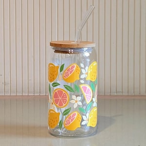 Lemon & Floral Libbey Tumbler | Eco-Friendly Glass Tumbler with Lid and Straw – Citrus Fruit Design | Lemon glass cup | Lemon Travel Cup