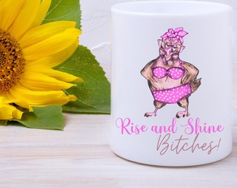 Sarcastic Chicken Coffee Mug, Decoration for Country Farmhouse Kitchen, Sassy Chicken in Pink Bikini with Humorous Saying, Just Because Gift