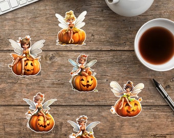 Halloween Fairy Custom Stickers with Cute Pumpkins, Die Cut Sticker on Clear or Solid Vinyl, Fairycore Sticker set with Jack-O-Lanterns