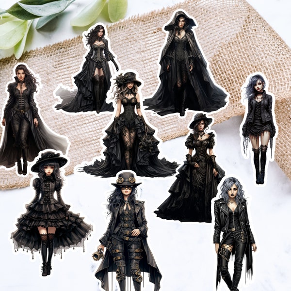 Gothic Sticker Set, Beautiful Women in Gothic Clothing, Cute Goth Girls Decal Stickers for Laptops, Windows, Water Bottles and More