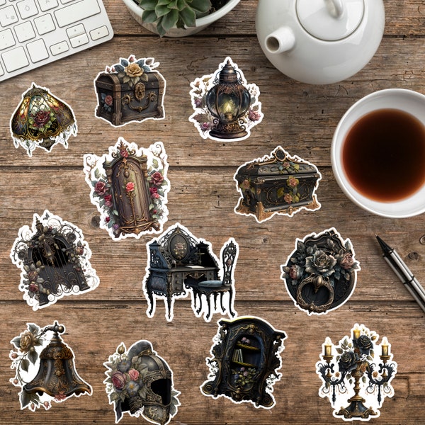 Gothic Victorian Sticker Set of 12 on Clear or Solid Vinyl Great for Envelopes, Gifts Bags, Laptops, Scrapbooks and Other Smooth Surfaces