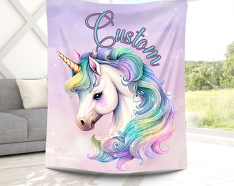 Personalized Microfiber Minky Blanket with Cute Unicorn and Custom Text , Girls Bedroom Decor and Gift, Cozy Throw Blanket for Kids