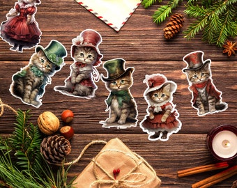 Christmas Cat Custom Vinyl Stickers for Christmas Cards, Christmas Gift Bags, Cat Mom and Crazy Cat Lady Gifts, Victorian Christmas Stickers