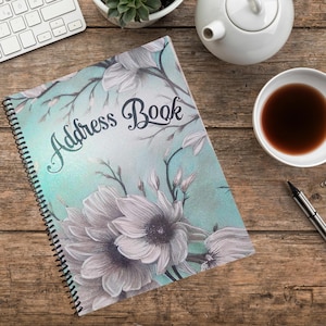 Address Phone Book with Floral Accents, Personalized Contact List, Just Because Gift for Loved Ones, Spiral Bound Book with Teal Cover