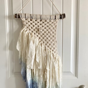 Hand Dyed Macrame Wall Hanging with Recycled Sari Silk, Crystal Quartz, Beach Decor, Beach Art, Boho Decor, Rustic, Wall Decor, Wall Art