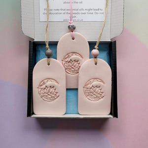 Three Clay & Lava Stone Essential Oil Diffuser Set / Aromatherapy Car Freshener / Clay Tags / Wardrobe Tags / Celestial Gift / Housewarming