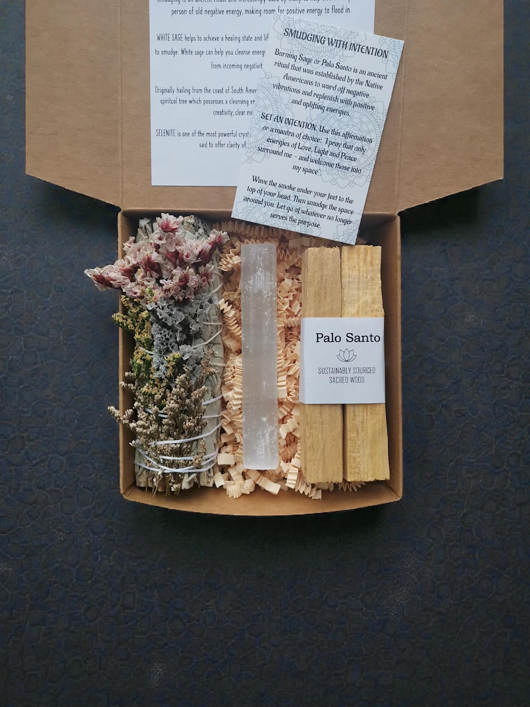 Smudge Box Gift Box Smudging Set / White Sage, Palo Santo & Selenite ...