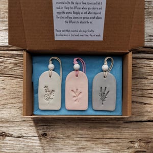 May include: Three ceramic diffuser tags in a box. The tags are oval shaped and have a hole at the top for hanging. The tags are in different colours: light grey, light pink, and light blue. Each tag has a different design: a sprig of leaves, a leaf, and a sprig of lavender.