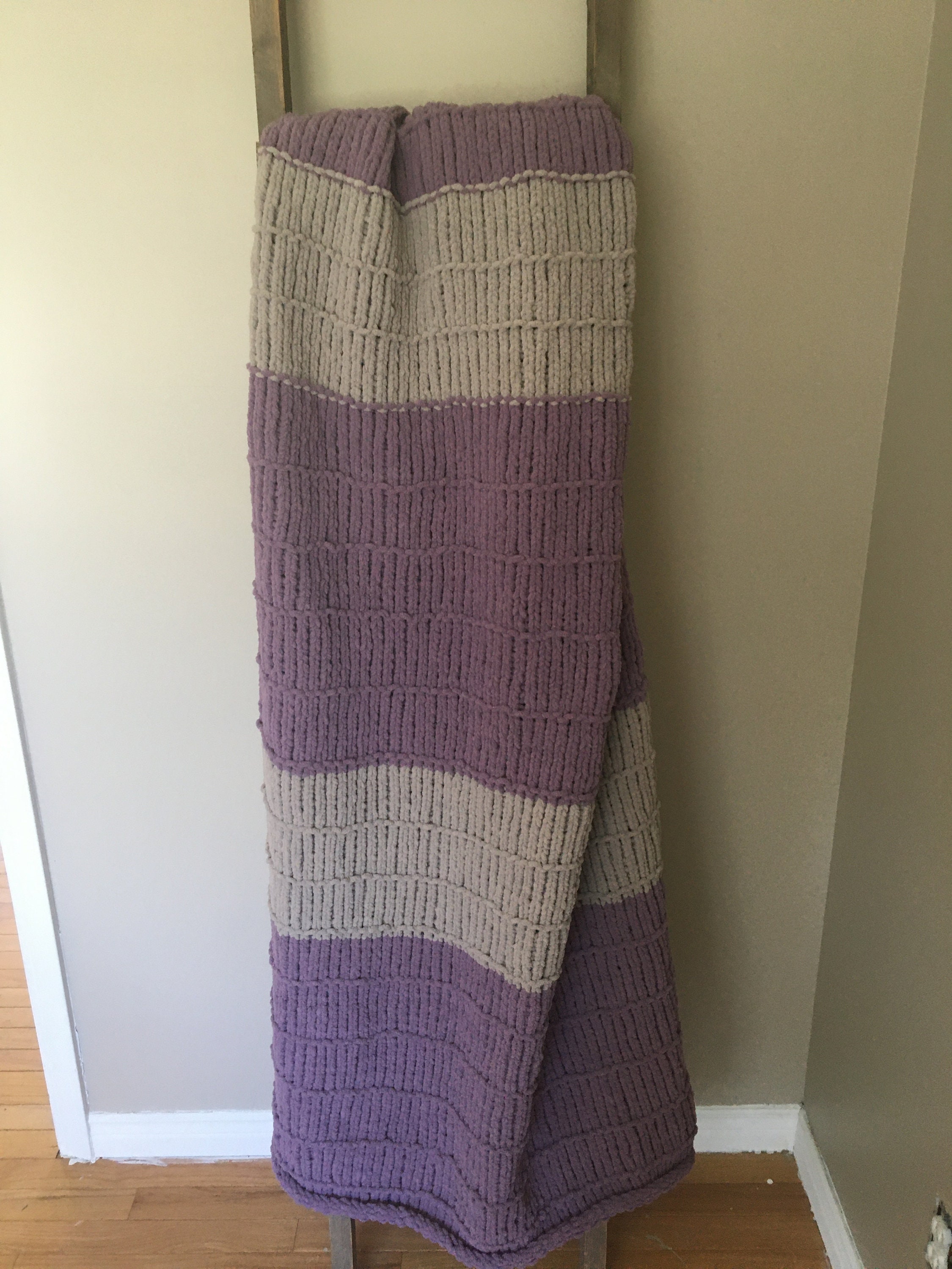 Purple and gray striped hand knit blanket Etsy