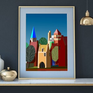 Könnte beinhalten: Ein gerahmter Druck einer farbenfrohen, geometrischen Illustration einer Stadt mit Gebäuden und Bäumen. Die Gebäude sind rot, gelb und blau, und die Bäume sind grün. Der Himmel ist blau.