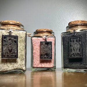 Witches Ritual Salt, Black Salt, Red Salt, Green Salt, protection/love/luck spell jar with hook/glass jars with charms