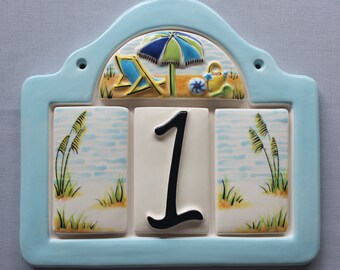Beach Address Plaque with 1 Number - Custom painted ceramic address plaque with your choice of frame color and color scheme