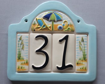 Beach Address Plaque with 2 Numbers - Custom painted ceramic address plaque with your choice of frame color and color scheme