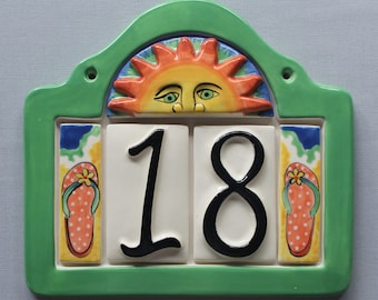 Sun Address Plaque with 2 Numbers - Custom painted ceramic address plaque with your choice of frame color and color scheme