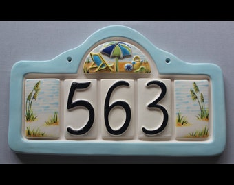 Beach Address Plaque with 3 Numbers + Sea Oats end tiles - Custom painted ceramic address plaque with choice of frame color and color scheme