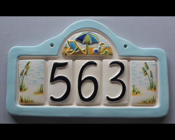 Beach Address Plaque with 3 Numbers + Sea Oats end tiles - Custom painted ceramic address plaque with choice of frame color and color scheme