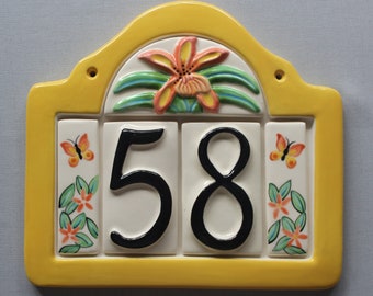 Orchid Address Plaque with 2 Numbers - Custom painted ceramic address plaque with your choice of frame color and color scheme