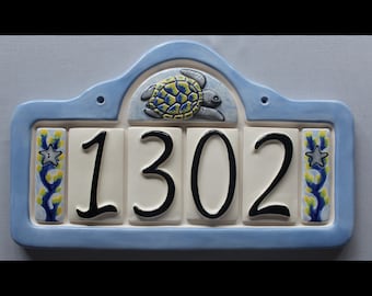 Sea Turtle Address Plaque with 4 Numbers - Custom painted ceramic address plaque with your choice of frame color and color scheme