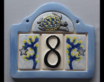 Sea Turtle Address Plaque with 1 Number - Custom painted ceramic address plaque with your choice of frame color and color scheme