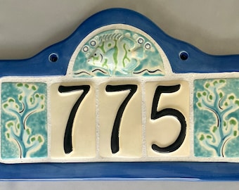 Fish Address Plaque with 3 numbers and Coral end tiles - Custom hand-painted ceramic plaque with choice of frame color and color scheme.