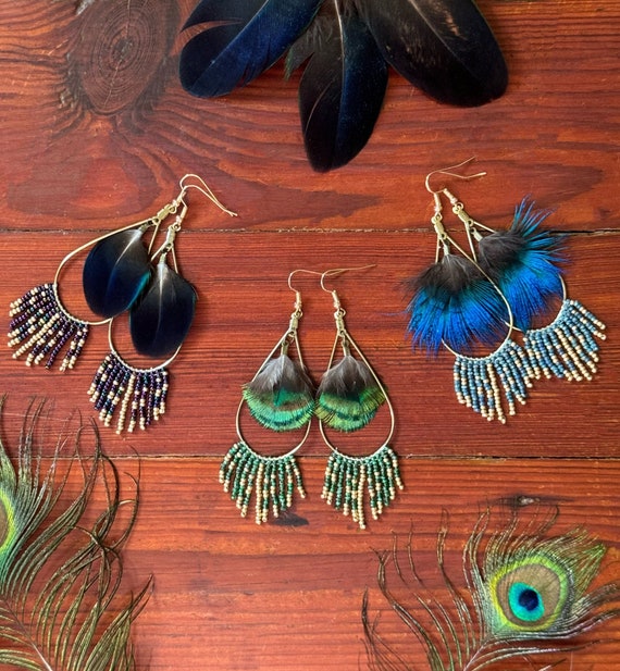 Beaded Fringe Feather Earrings Handmade Cruelty Free