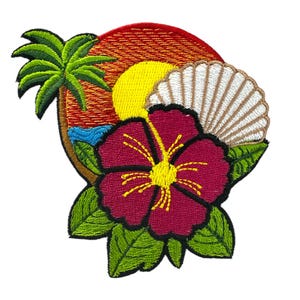 May include: Embroidered patch featuring a tropical sunset, palm tree, seashell, and a red hibiscus flower.