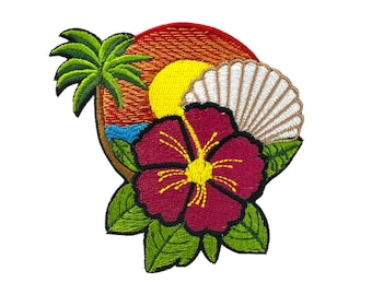 Tropical Sunset Vibes: Palms, Shells and Island Blooms Embroidered Iron-On Patch