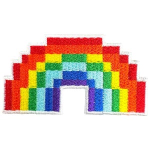 May include: A rainbow-colored pixelated rainbow patch with a white outline. The rainbow is made up of red, orange, yellow, green, blue, indigo, and violet.
