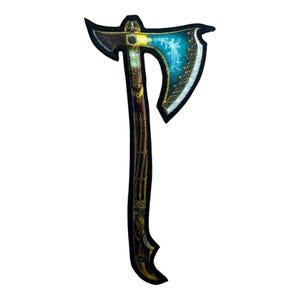 May include: A blue and gold axe with a black handle. The axe features a detailed design with intricate patterns and a sharp blade.