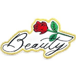 May include: Embroidered patch with a red rose and green leaves. The word "Beauty" is written in black script on a white background, edged with gold. A floral design, suitable for clothing or accessories.