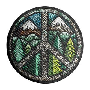 May include: Round patch featuring a peace symbol design with a mountain and forest scene. The patch has a black border and is filled with green, white, and brown colors. The design includes trees, mountains, and decorative patterns.