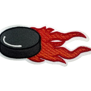 Flamming Hockey Puck Embroidered Iron-On Patch
