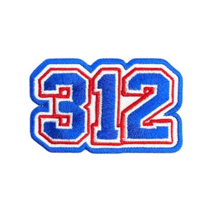 May include: Embroidered patch featuring the number "312" in a bold, collegiate style. The numbers are blue with a red outline and white border, creating a classic, eye-catching design. Perfect for jackets, bags, or other fabric items.