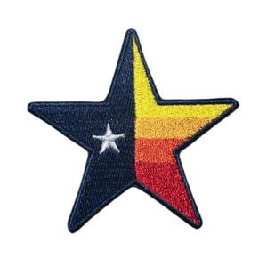 May include: A blue five-pointed star with a white star in the center and a red, orange, and yellow stripe design on the right side.