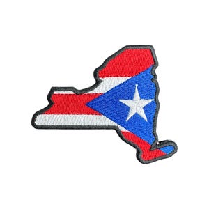 May include: Embroidered patch in the shape of New York State, featuring the Puerto Rican flag design. The patch has a red and white striped section, a blue triangle with a white star, and a black border.