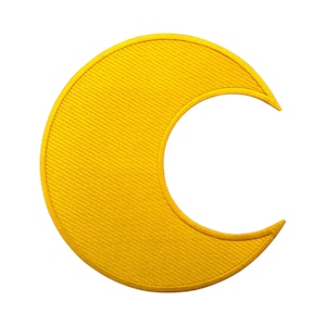 May include: A yellow crescent moon patch with a textured, embroidered appearance. The patch is a bright, solid yellow color and is set against a white background. The moon shape is a common symbol.