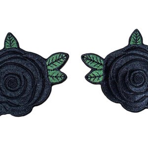 Black Rose Patch Goth Flowers Embroidered Iron On (Set of Two)