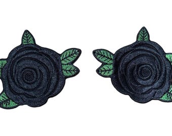 Schwarze Rose Patch Goth Blumen Gestickt Aufnäher (2er Set)