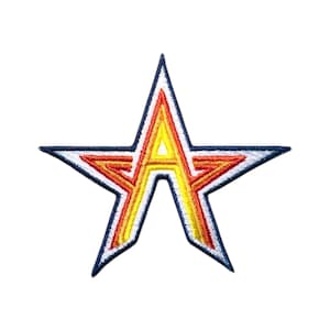 May include: A blue star with a red, orange and yellow letter "A" in the centre. The star is outlined in white.