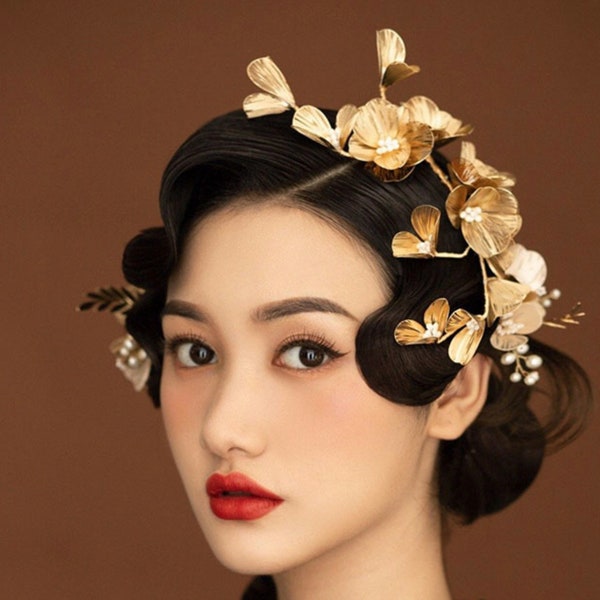 Gold petal Bridal large headpiece Unique vintage metal Flower floral vine golden leaf cheongsam hairpiece Bride Wedding goddess ball hair