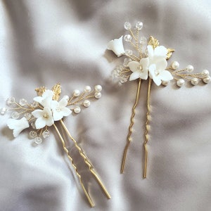 Bridal hair pin Pearl gold Leaf Ceramic Floral hairpin Hairpiece Flower Girl Accessory elegant Bride Wedding Gift Party gala event